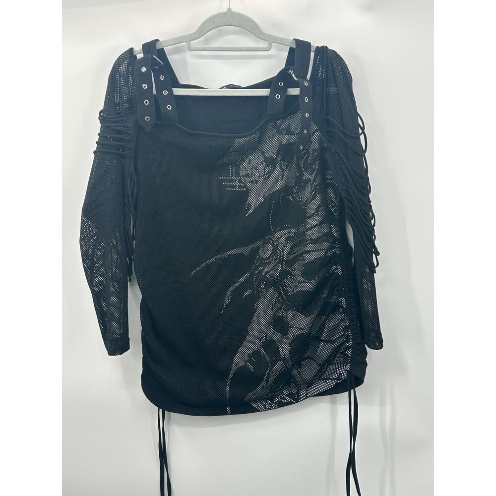 Devil Fashion Off Shoulder Mesh Black Shirt Goth XXXL Punk Women's Buckle M/L